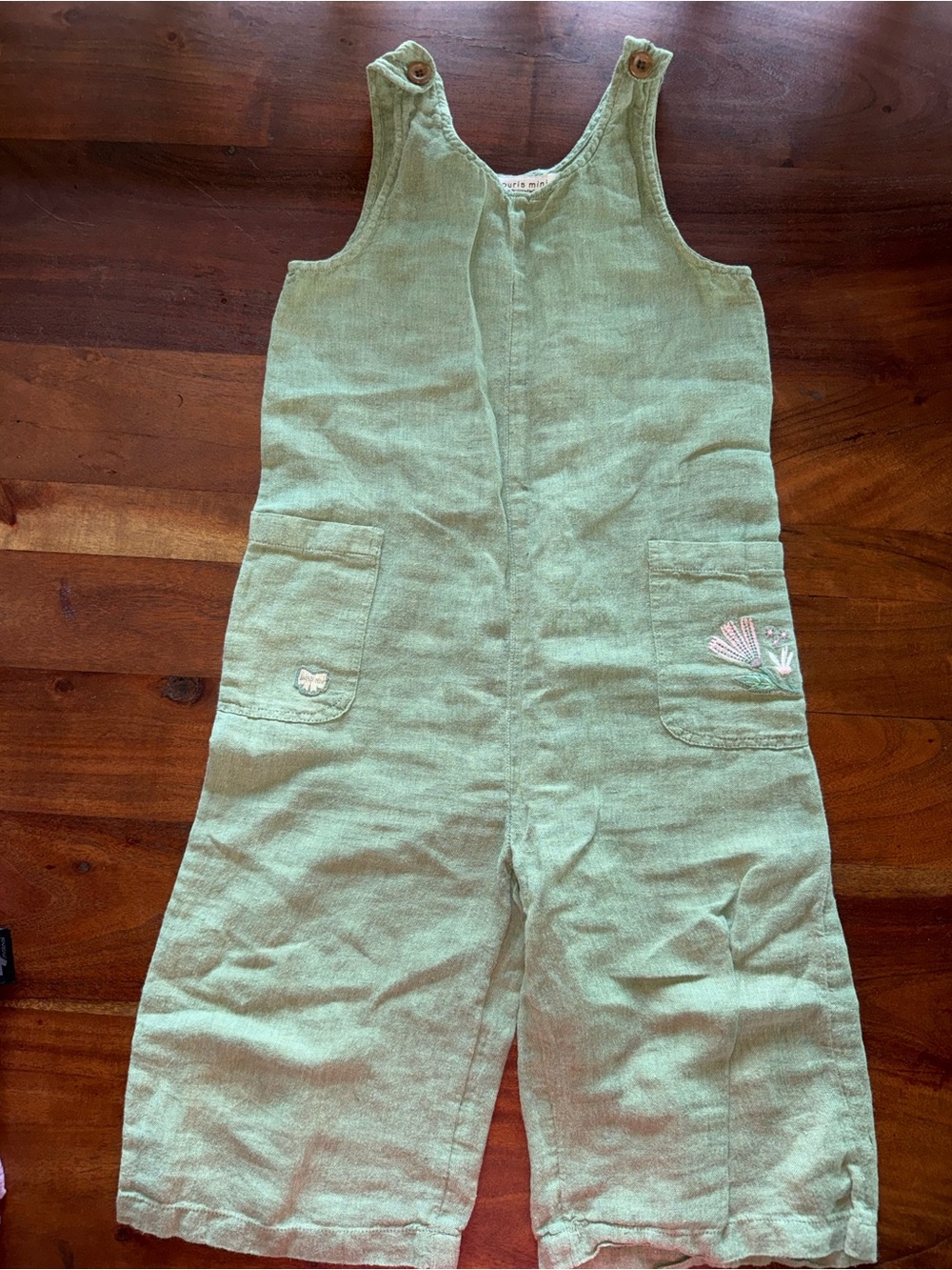 Light Green‎ Kids Linen Blend Overall Romper with Pocket Embroidery